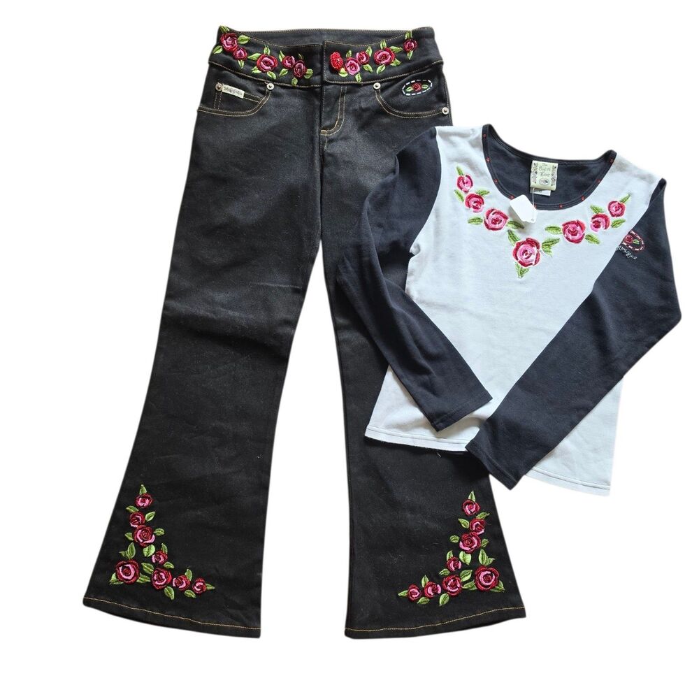 The English Roses Jeans & Matching Top Size 10 Black Floral Vintage Deadstock